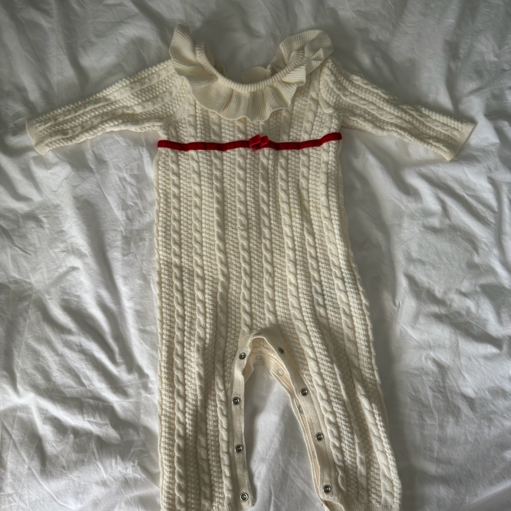 Janie and Jack Cream Knit Ruffle-Collar One-Piece - Picture 2 of 7